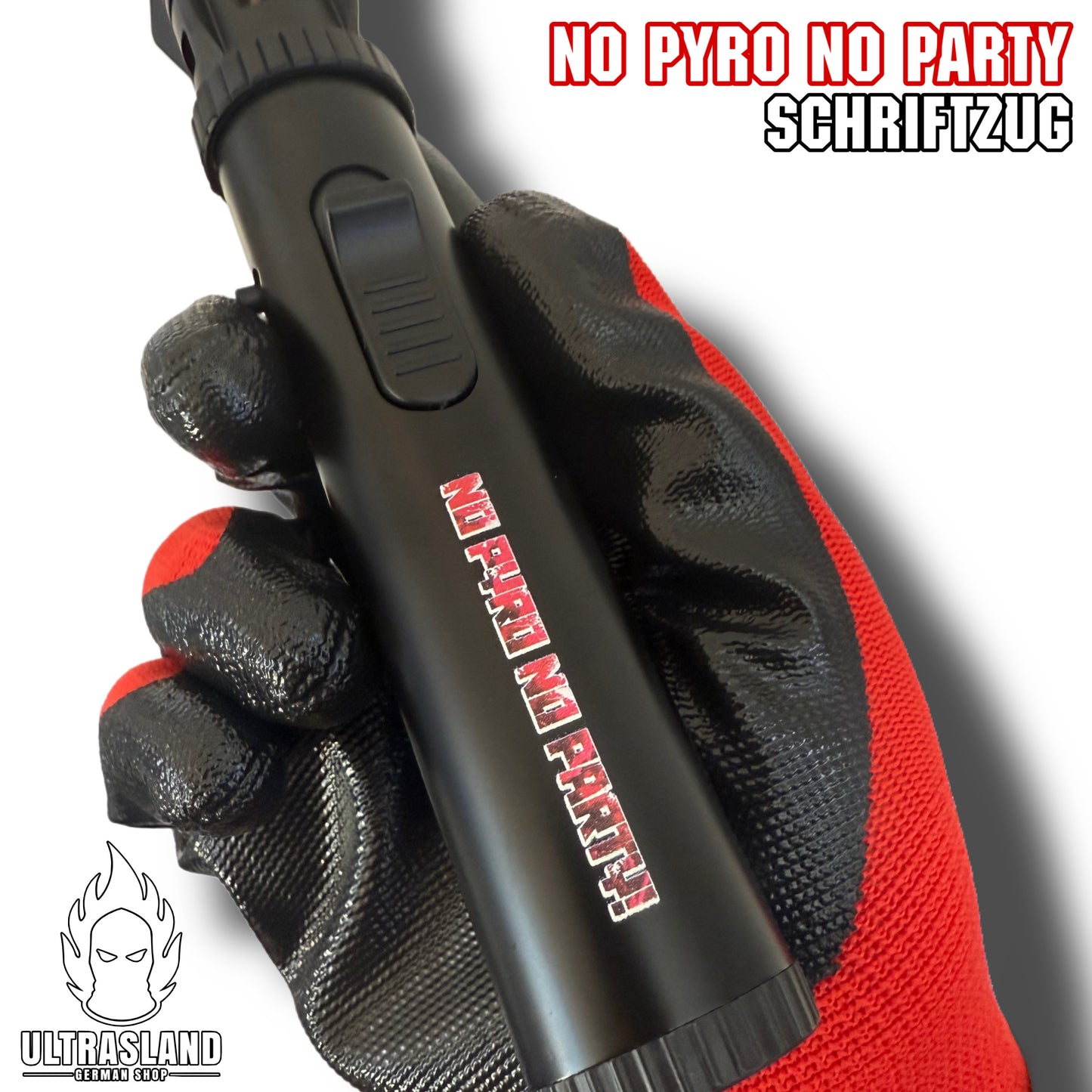 Sturmfeuerzeug mit Roter Flamme & „No Pyro No Party“ Schriftzug