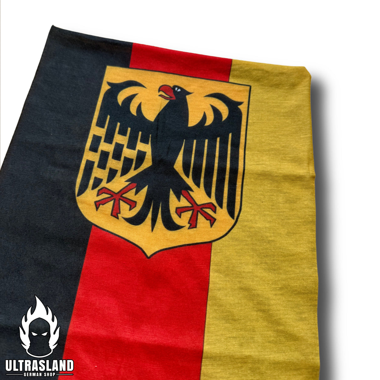 Nahaufnahme des Adler-Motivs auf dem schwarz-rot-goldenen Schlauchschal