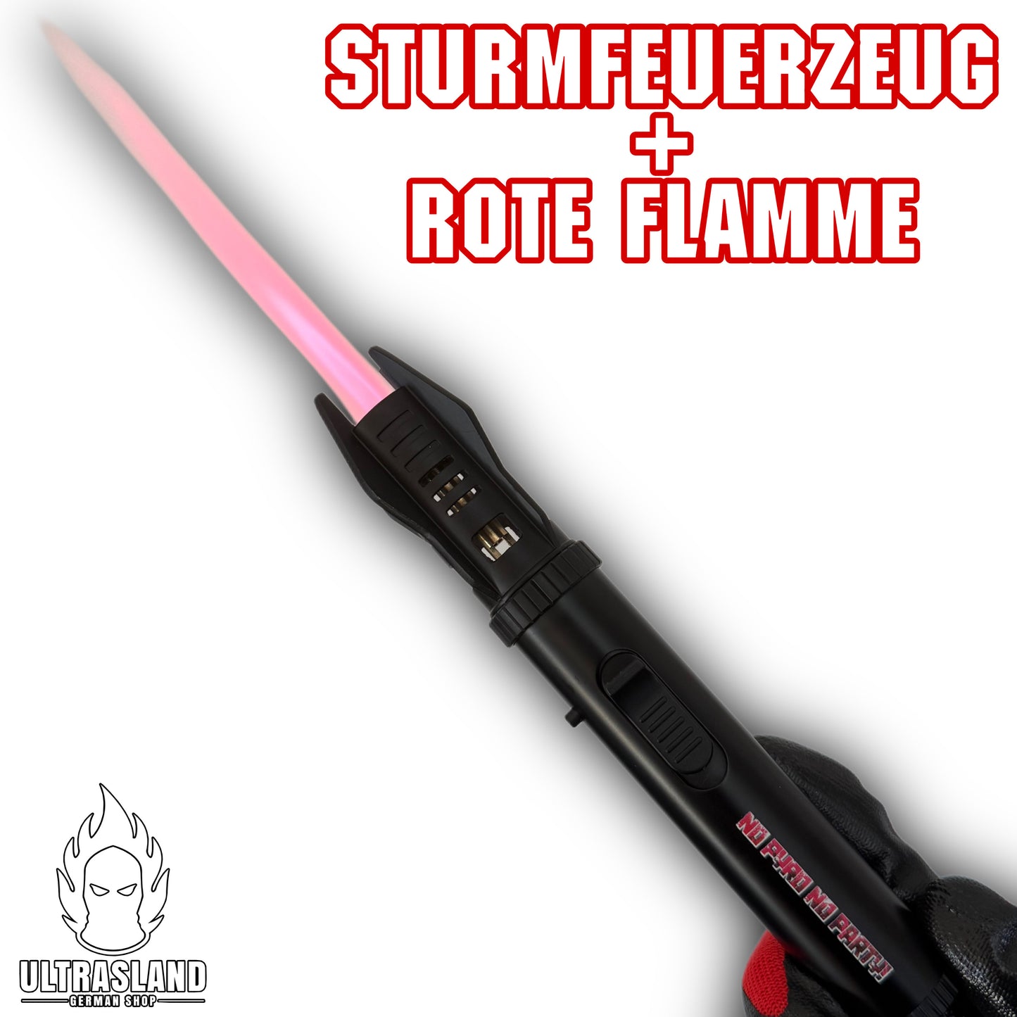 Sturmfeuerzeug mit Roter Flamme & „No Pyro No Party“ Schriftzug
