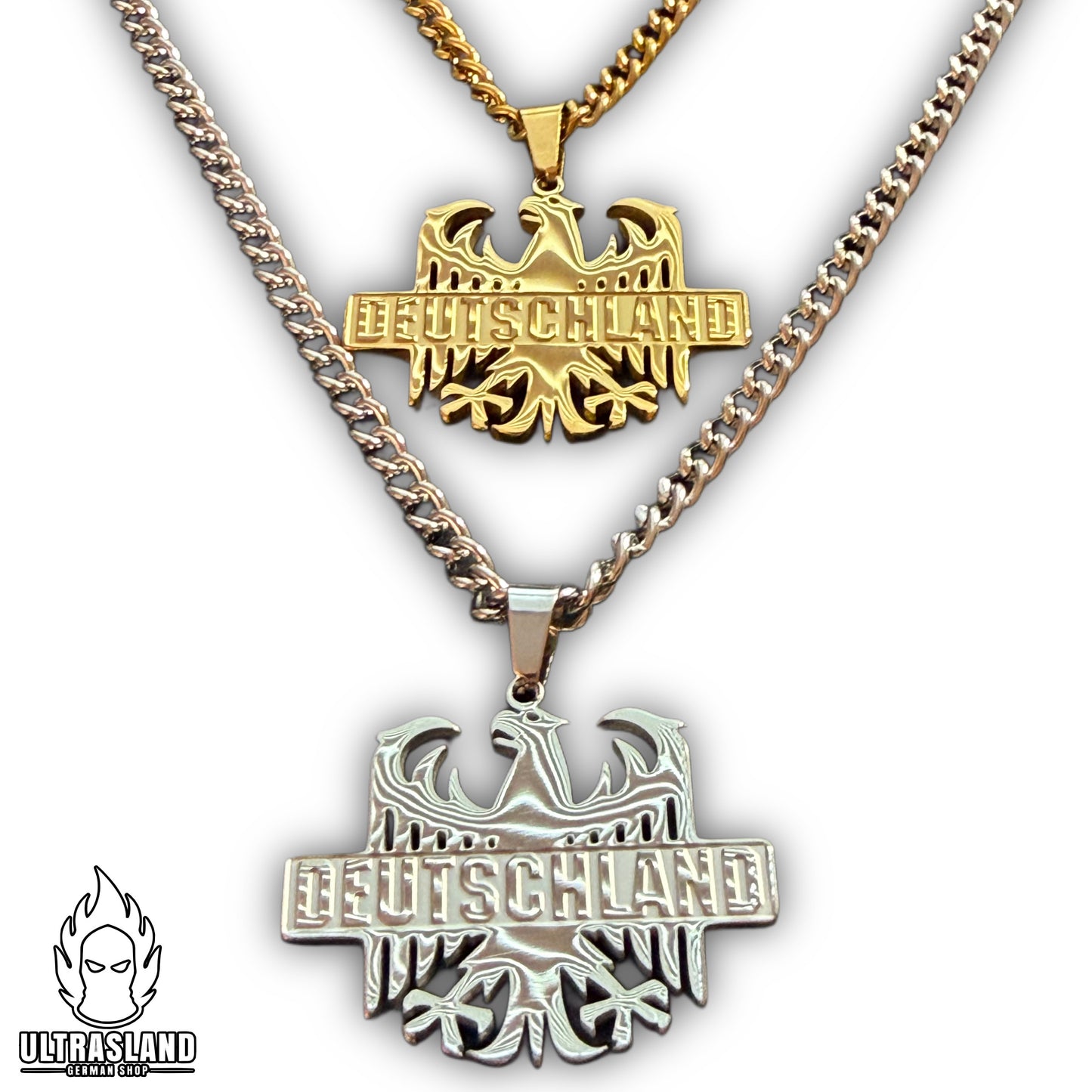 Deutschland Adler Halskette mit Schriftzug Edelstahl – Silber oder 18K vergoldet