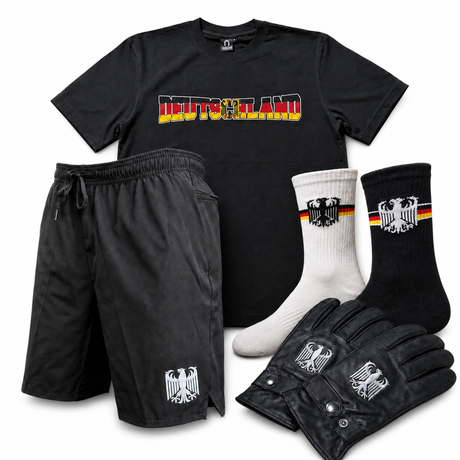 Deutschland Kleidungen wie zum Beispiel T-Shirts, Kurze Hosen und Lederhandschuhe