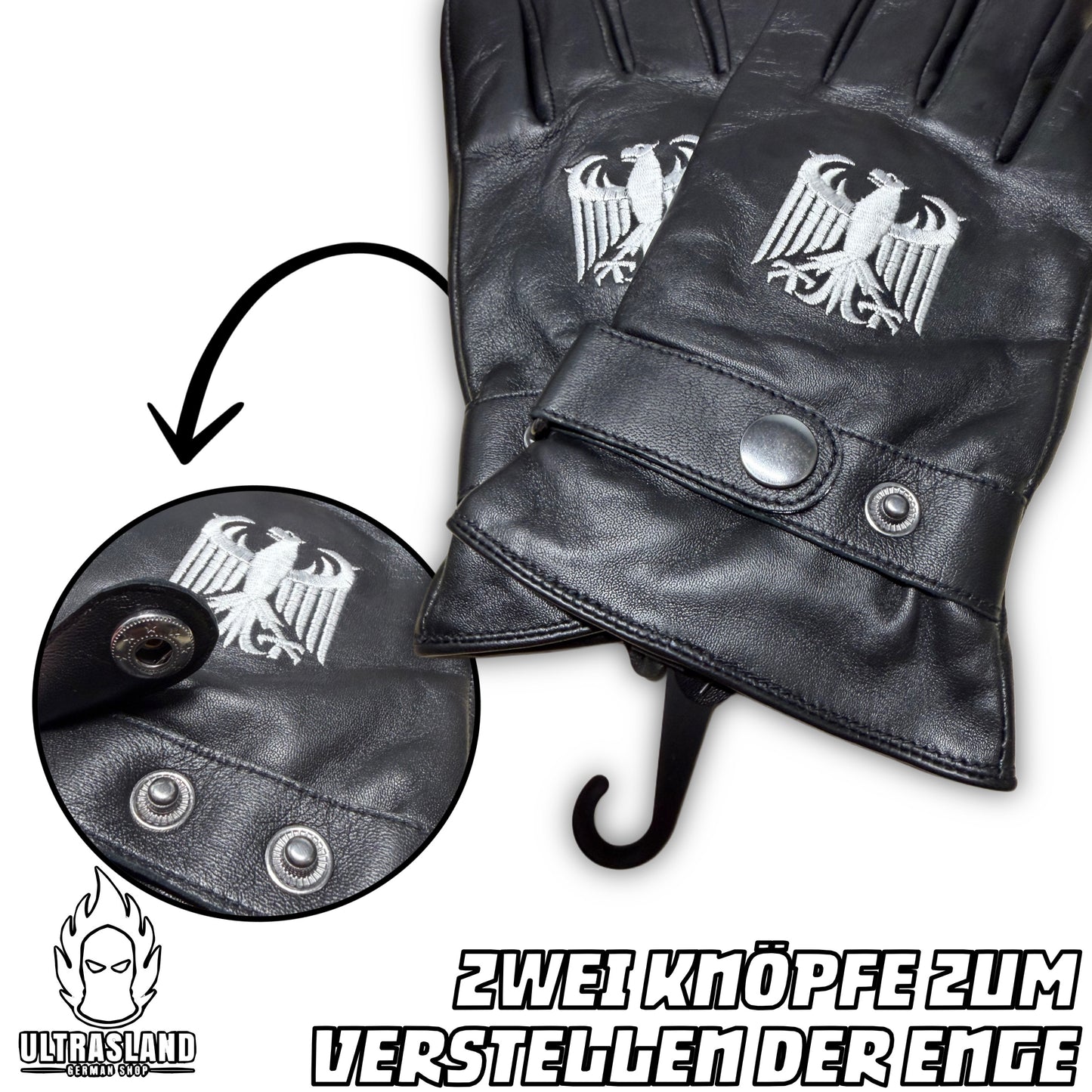 Echtleder-Handschuhe aus Schafsleder mit Adlerstickerei & 2 verstellbaren Knöpfen