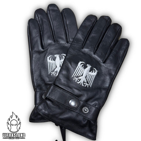 Schwarze Deutschland Lederhandschuhe mit weißer Adlerstickerei und Druckknopfverschluss
