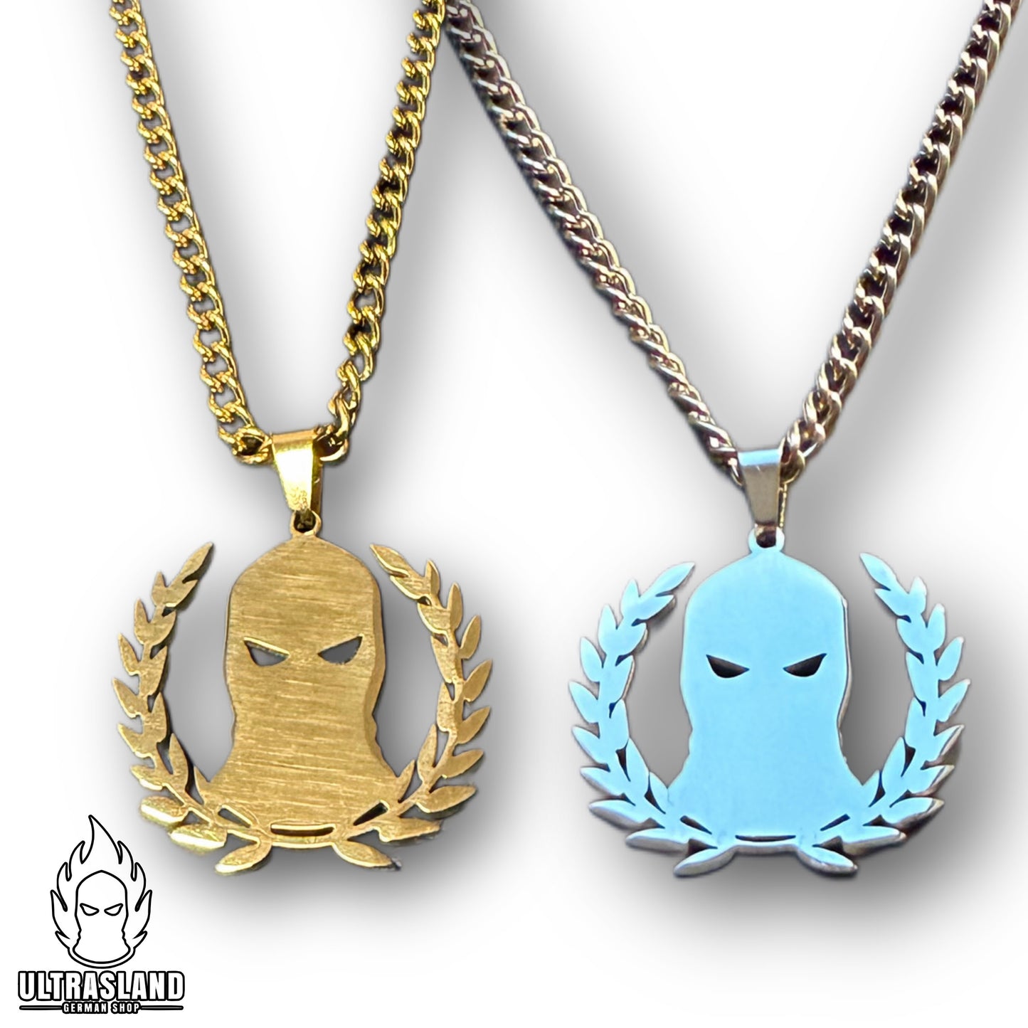 Halskette Sturmhaube im Lorbeerkranz – Edelstahl, Silber oder 18K vergoldet