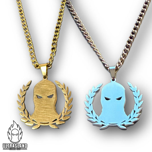 Halskette Sturmhaube im Lorbeerkranz – Edelstahl, Silber oder 18K vergoldet