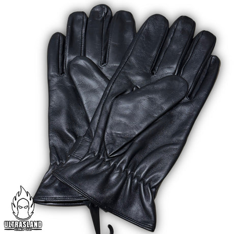 Handflächen der schwarzen Schafsleder-Handschuhe mit gerafftem Handgelenk