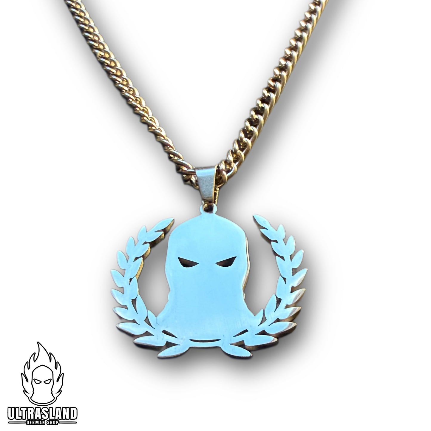 Halskette Sturmhaube im Lorbeerkranz – Edelstahl, Silber oder 18K vergoldet