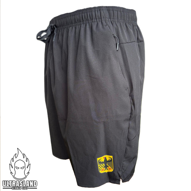 Schwarze Deutschland Shorts mit farbigem Adler, Kordelzug und Reißverschlusstasche