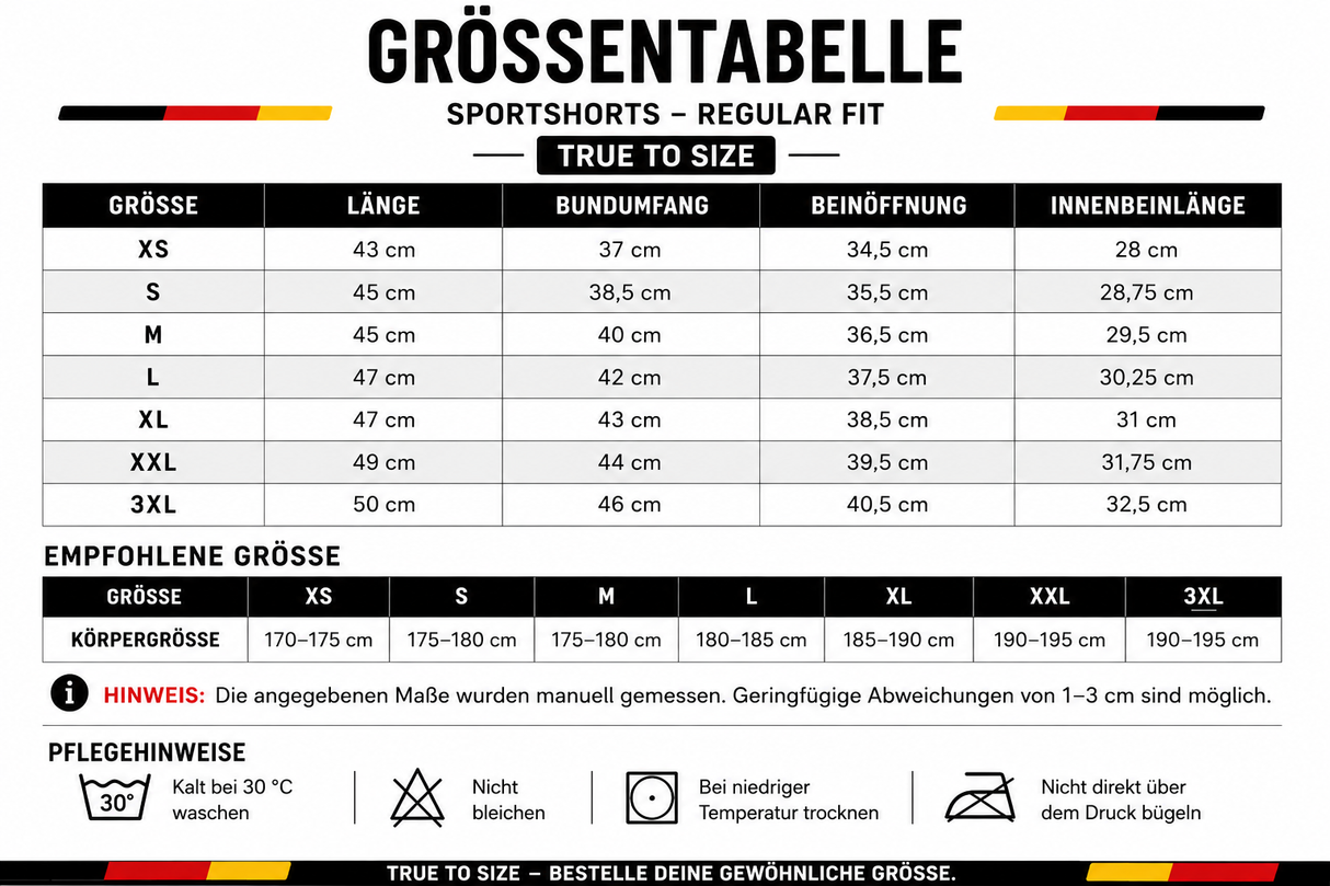 Größentabelle der Deutschland Sportshorts von XS bis 3XL