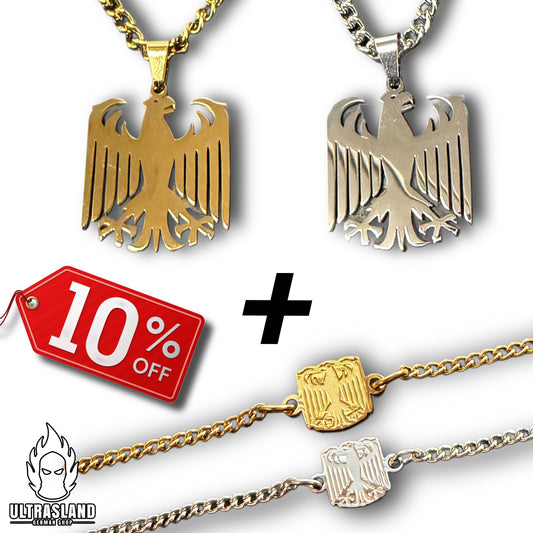 Bundle: Deutschland Adler Halskette & Armband aus Edelstahl – Silber oder 18K vergoldet | 10 % Rabatt